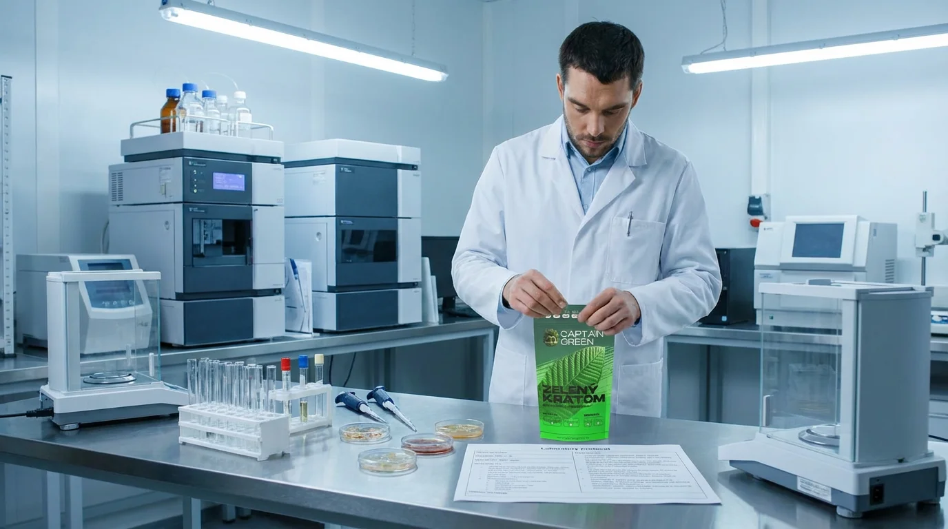 Laboratorní testy kratomu Captain Green – těžké kovy, plísně a mikrobiologie Laboratorní technik hodnotí protokol z testu kratomu Captain Green na vzorku prášku v moderní laboratoři
