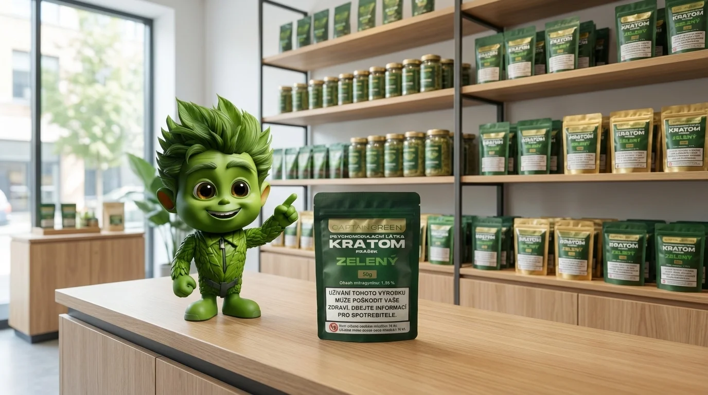 Figurka Captain Green ukazuje na kratom v licencované prodejně