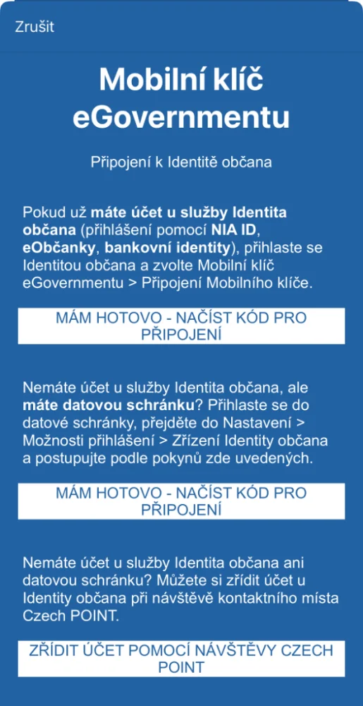 Mám hotovo – načíst kód pro připojení Obrazovka aplikace Mobilní klíč eGovernmentu s tlačítkem Mám hotovo – načíst kód pro připojení