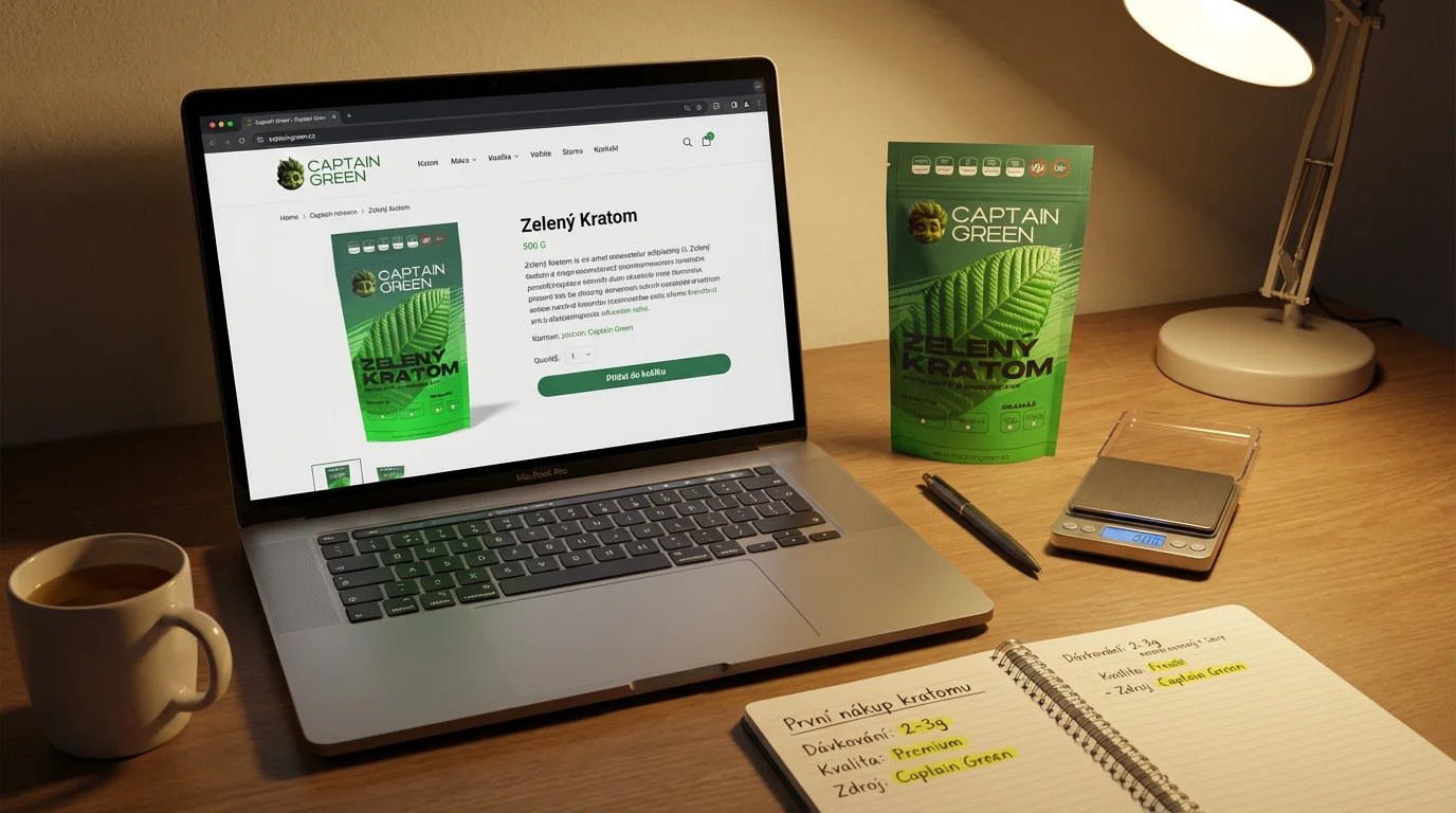 Notebook s e‑shopem Captain Green a balením kratomu na stole při prvním online nákupu