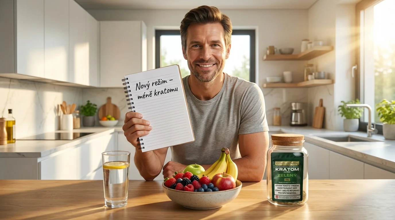 Dospělý uživatel si píše plán na omezení kratomu a zdravější návyky u stolu s kalendářem