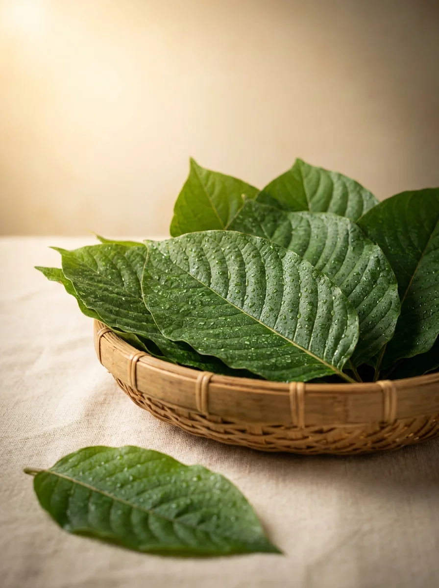 Čerstvě sklízené listy kratomu (Mitragyna speciosa) v bambusovém košíku, Borneo Indonésie