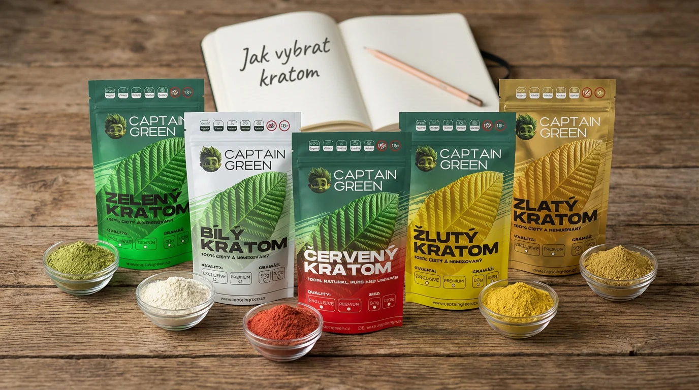 Pět druhů kratomu Captain Green podle barvy vyskládaných na stole jako přehled pro výběr