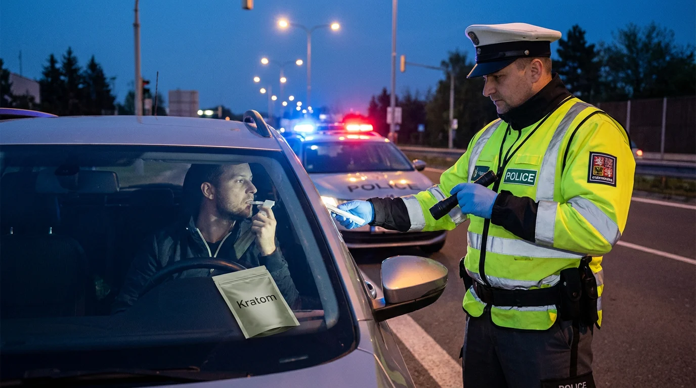 Policista při silniční kontrole provádí slinný test na drogy, řidič řeší kratom na palubní desce