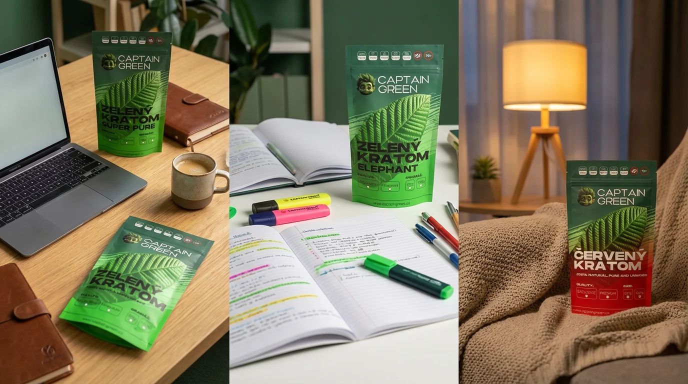 Pracovní stůl, studijní místo a večerní obývák s různými druhy kratomu podle cíle použití