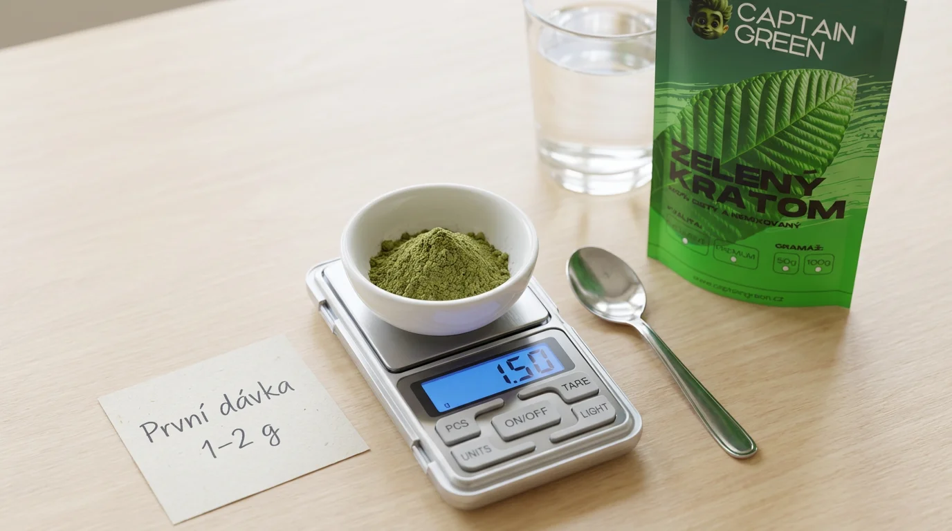 První dávka kratomu pro začátečníky – přesné odměření na digitální váze