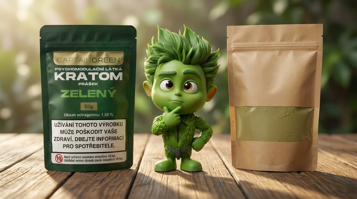 Figurka Captain Green stojí mezi dvěma možnostmi nákupu kratomu