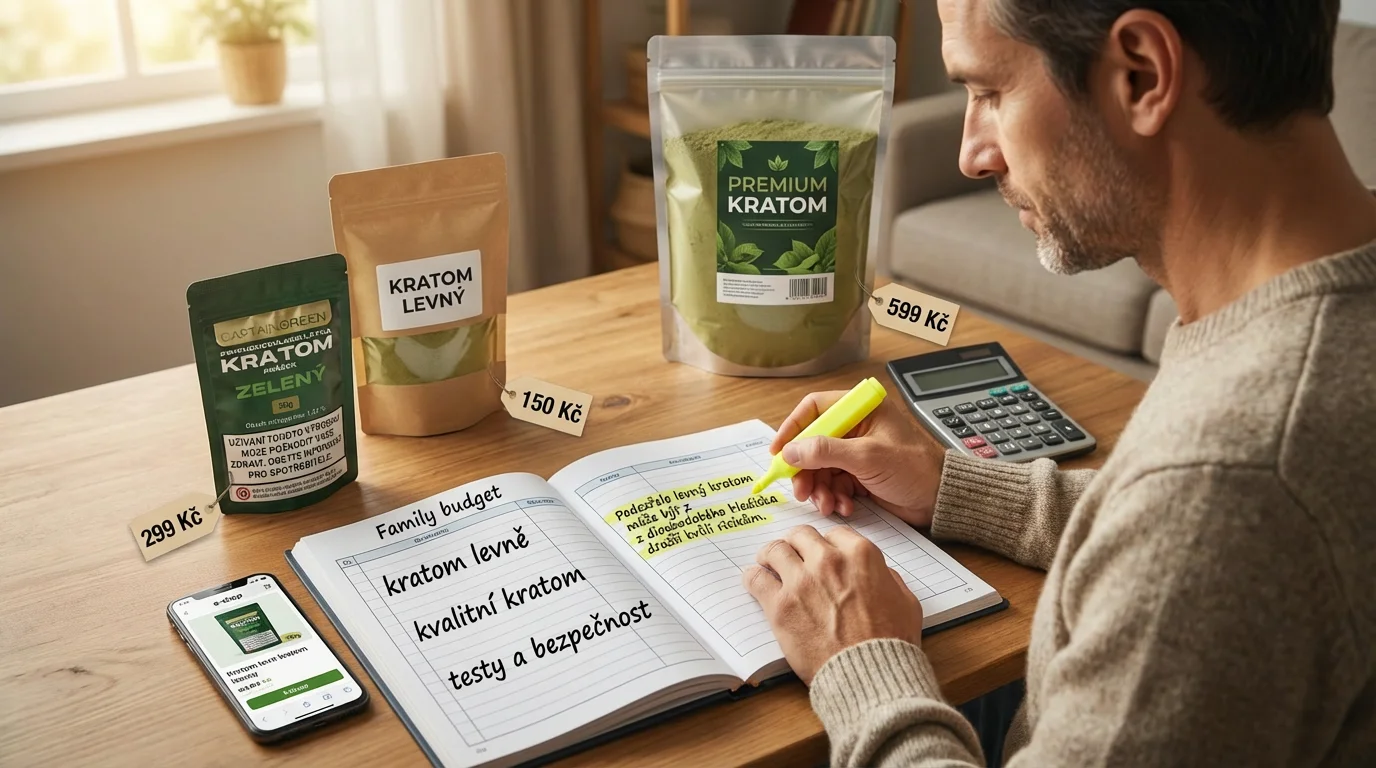 Dospělý uživatel počítá rozpočet a dlouhodobé náklady na levný a kvalitní kratom pomocí kalkulačky a poznámkového bloku