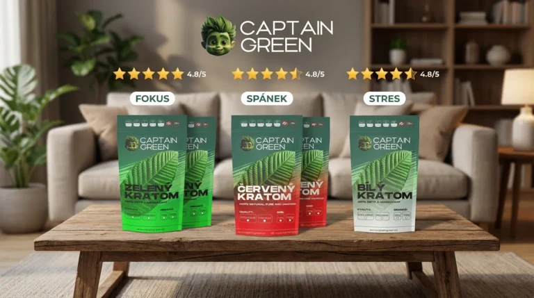 Různé druhy kratomu Captain Green na stole s grafickým znázorněním hodnocení hvězdičkami podle účelu použití