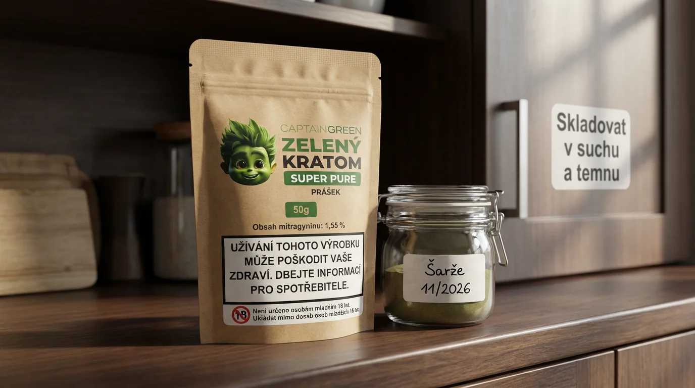 Správně skladované balení kratomu Super Pure ve spíži v suchu a temnu