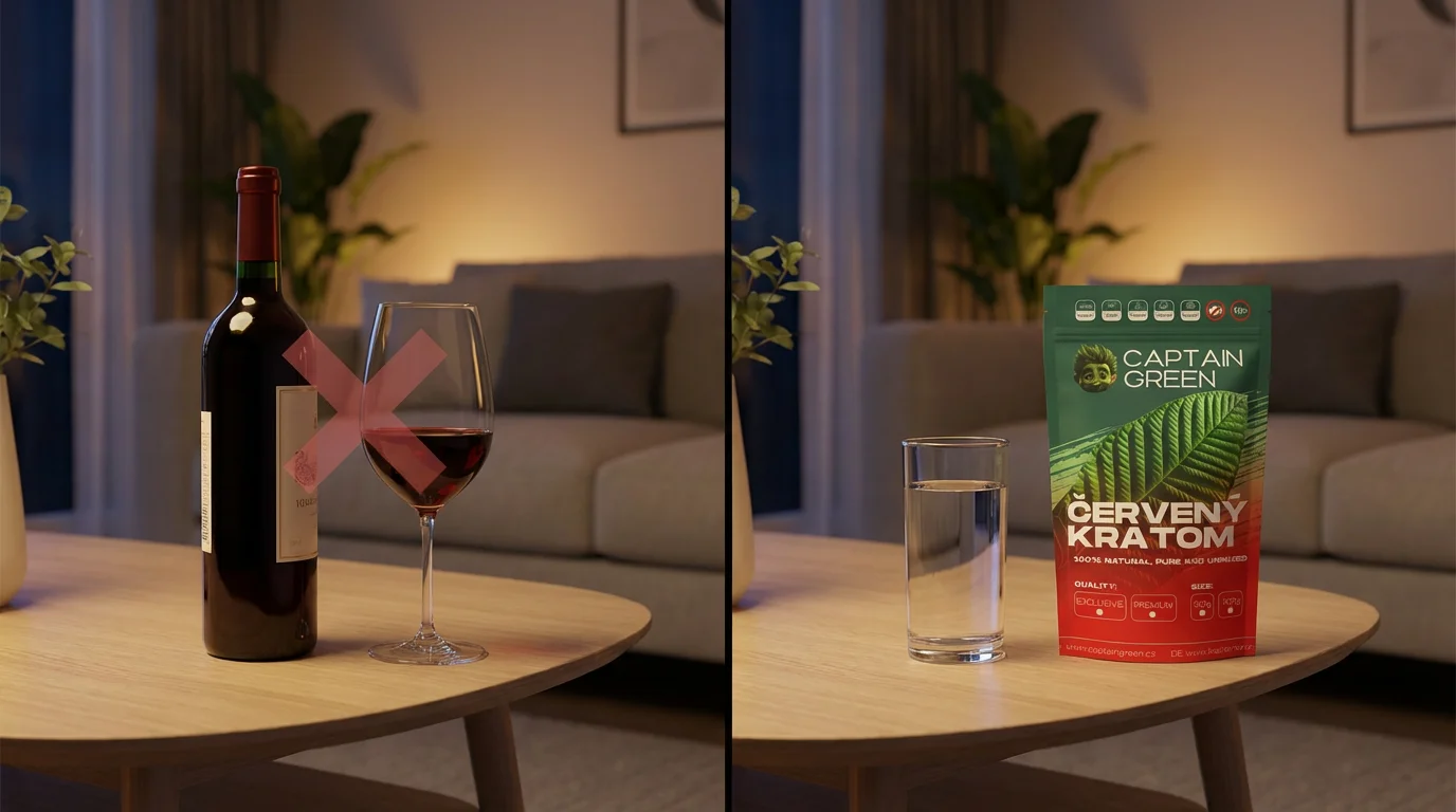 Kratom nebo alkohol – proč má smysl volit jednu věc místo riskantní kombinace Srovnání sklenice vína a kratomu Captain Green se sklenicí vody jako volba místo kombinace alkoholu a kratomu