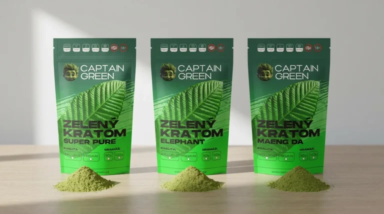 Srovnání zelených odrůd Captain Green – Super Pure, Elephant a Maeng Da vedle sebe na stole