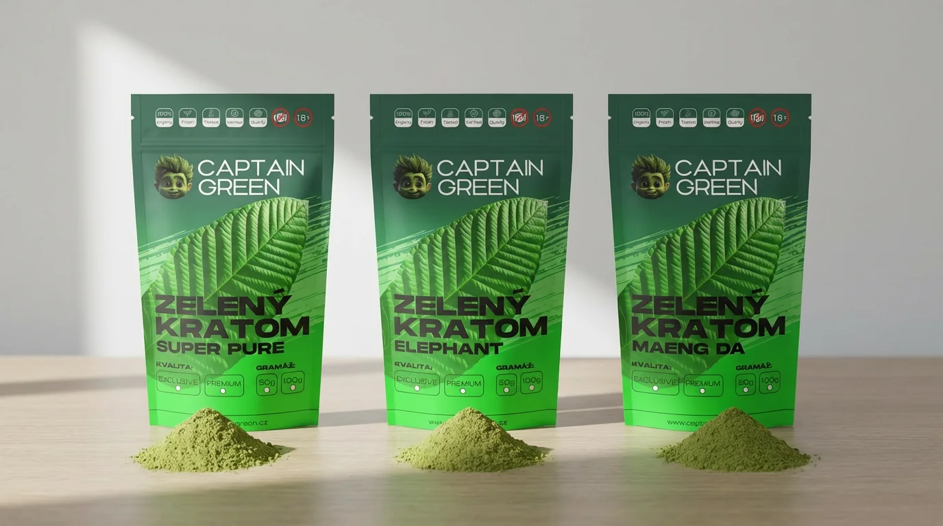 Srovnání zelených odrůd Captain Green – Super Pure, Elephant a Maeng Da vedle sebe na stole