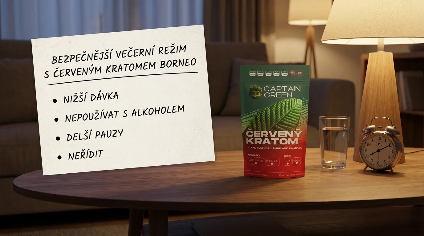 Stůl s checklistem bezpečnějšího večerního režimu a balením Červeného kratomu Borneo Captain Green