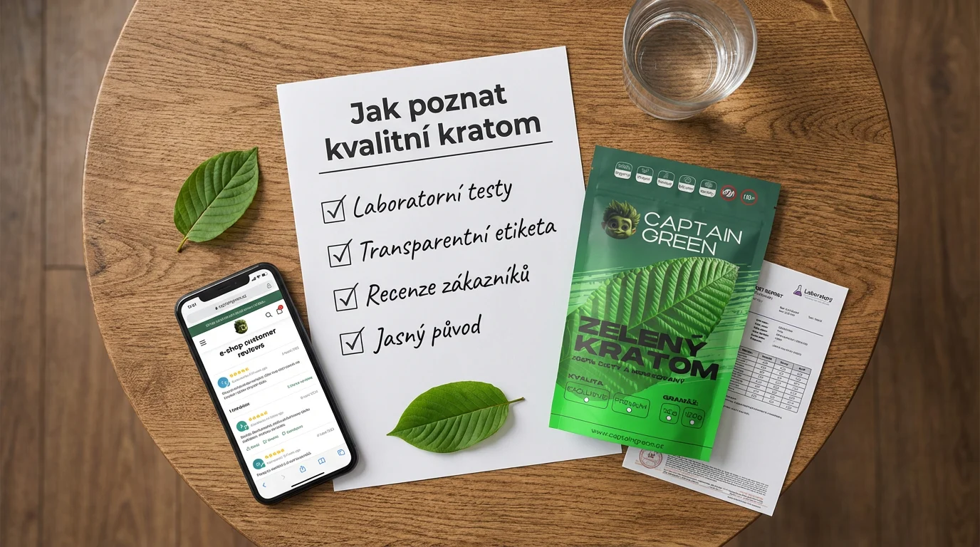 Stůl s checklistem kvality kratomu, balením Captain Green a náznakem laboratorního certifikátu