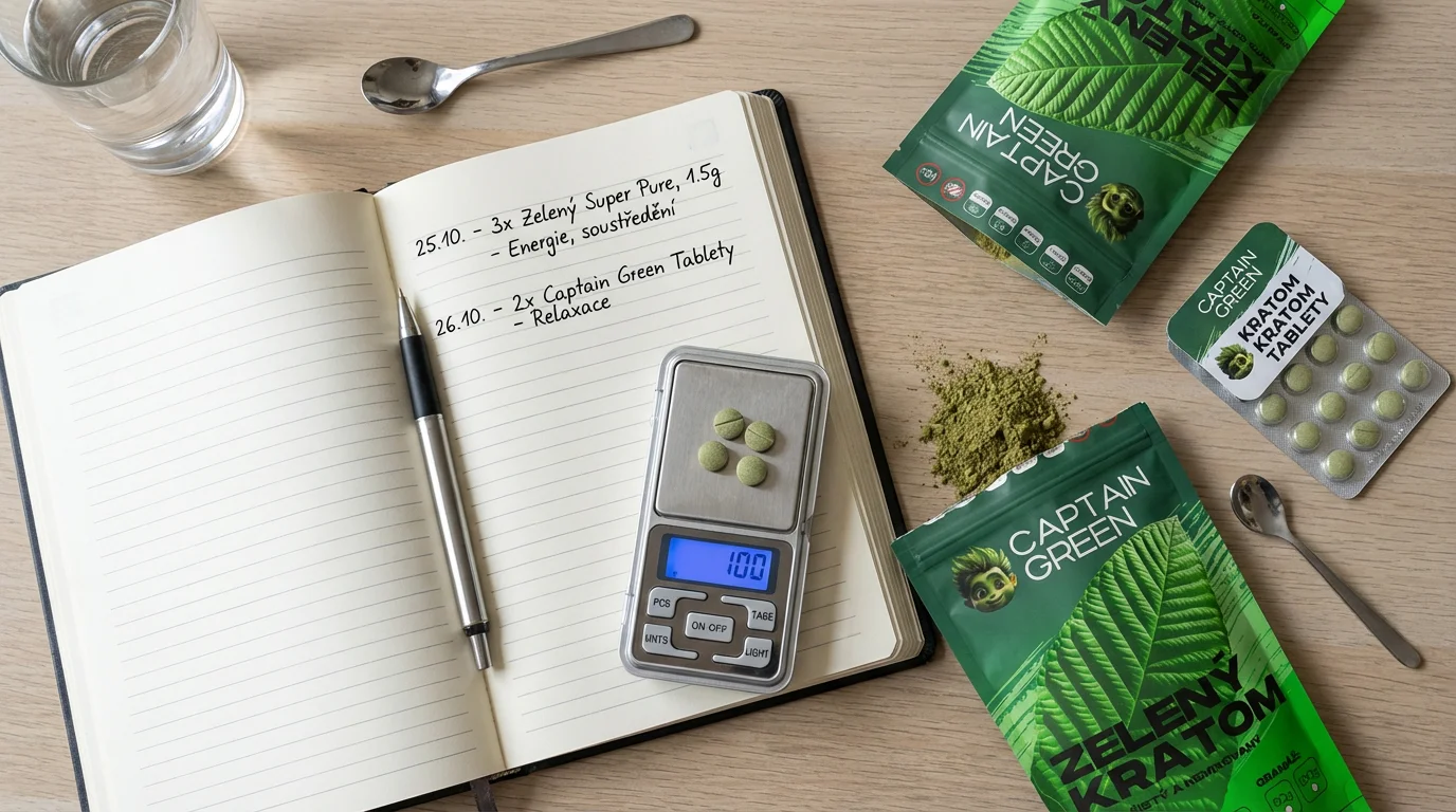 Stůl s deníkem dávkování kratomu, digitální váhou a balením kratomových tablet a prášku Captain Green pro sledování tolerance