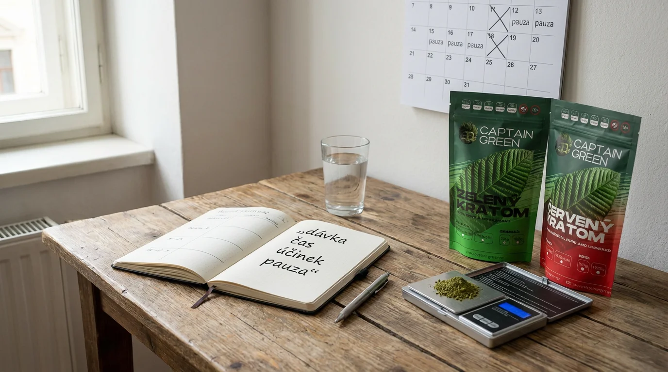 Stůl s deníkem dávkování kratomu, digitální váhou a balením zeleného a červeného kratomu Captain Green pro sledování tolerance