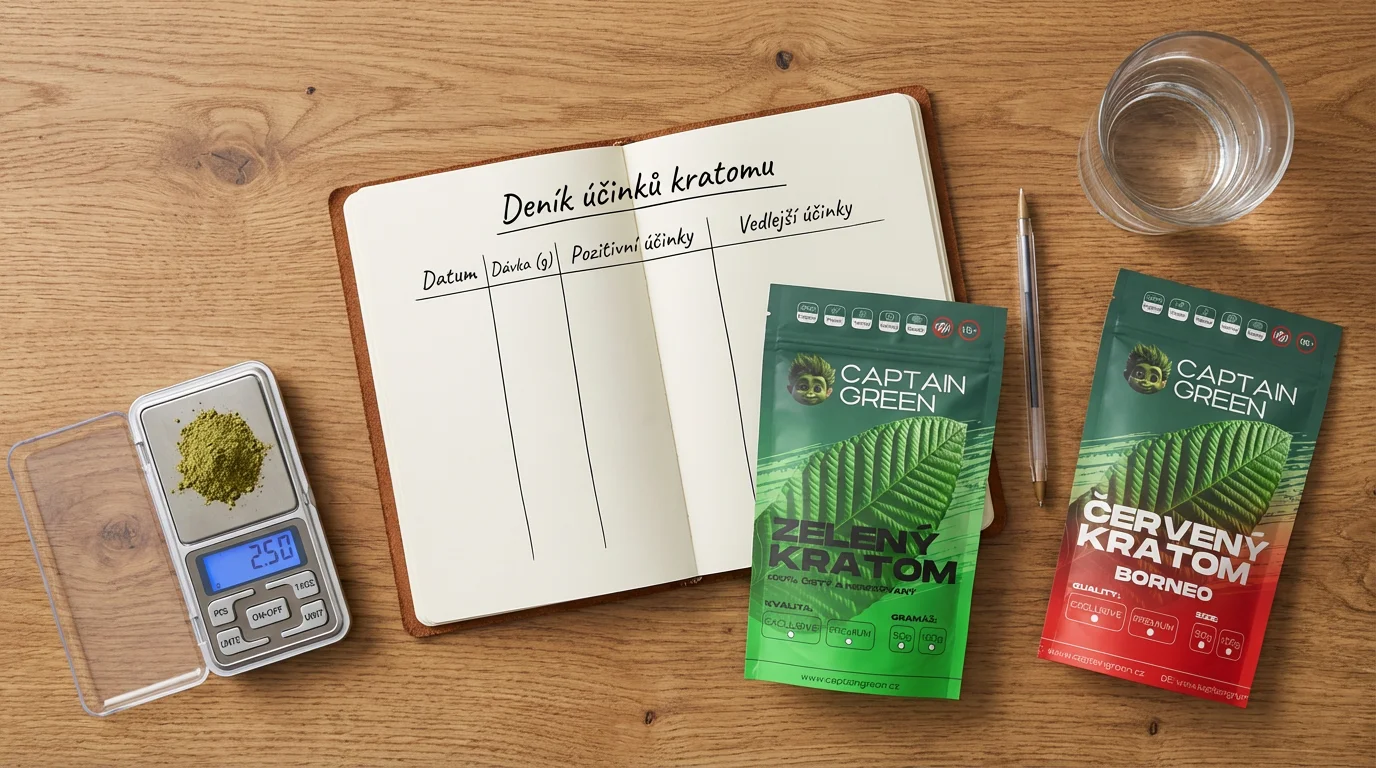 Deník účinků kratomu, digitální váha a kvalitní šarže jako základ zodpovědného používání Stůl s deníkem účinků kratomu, digitální váhou a balením zeleného Super Pure a červeného Borneo od Captain Green
