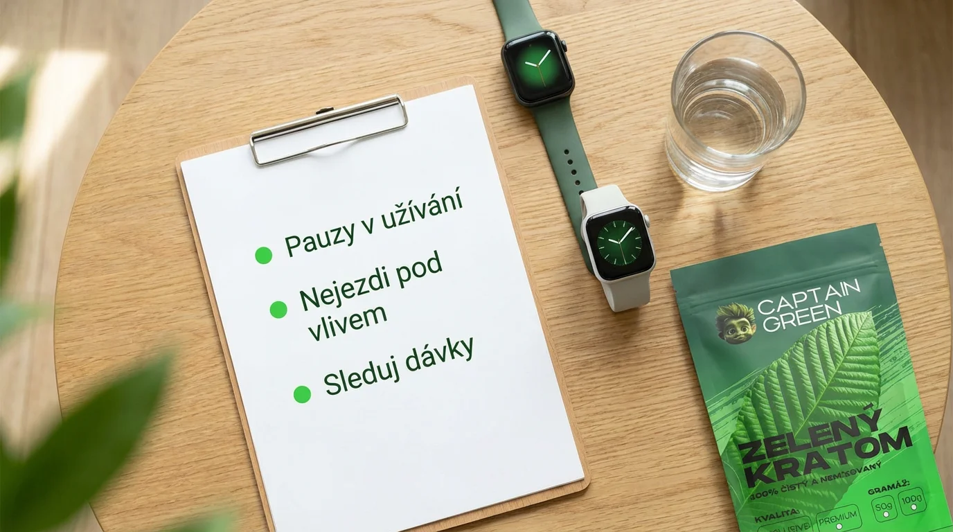 Stůl s papírovým checklistem, hodinkami, sklenicí vody a sáčkem kratomu jako připomínka bezpečného užívání