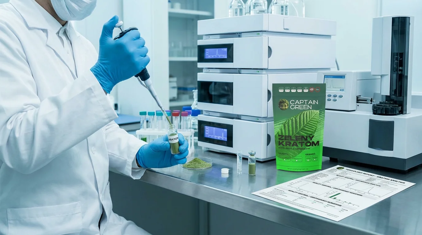 Toxikologická laboratoř analyzuje vzorek kratomu Captain Green, laboratorní pracovník sleduje výsledky testů