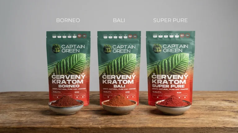 Tři balení červeného kratomu Borneo Bali a Super Pure Captain Green vedle sebe pro srovnání odrůd