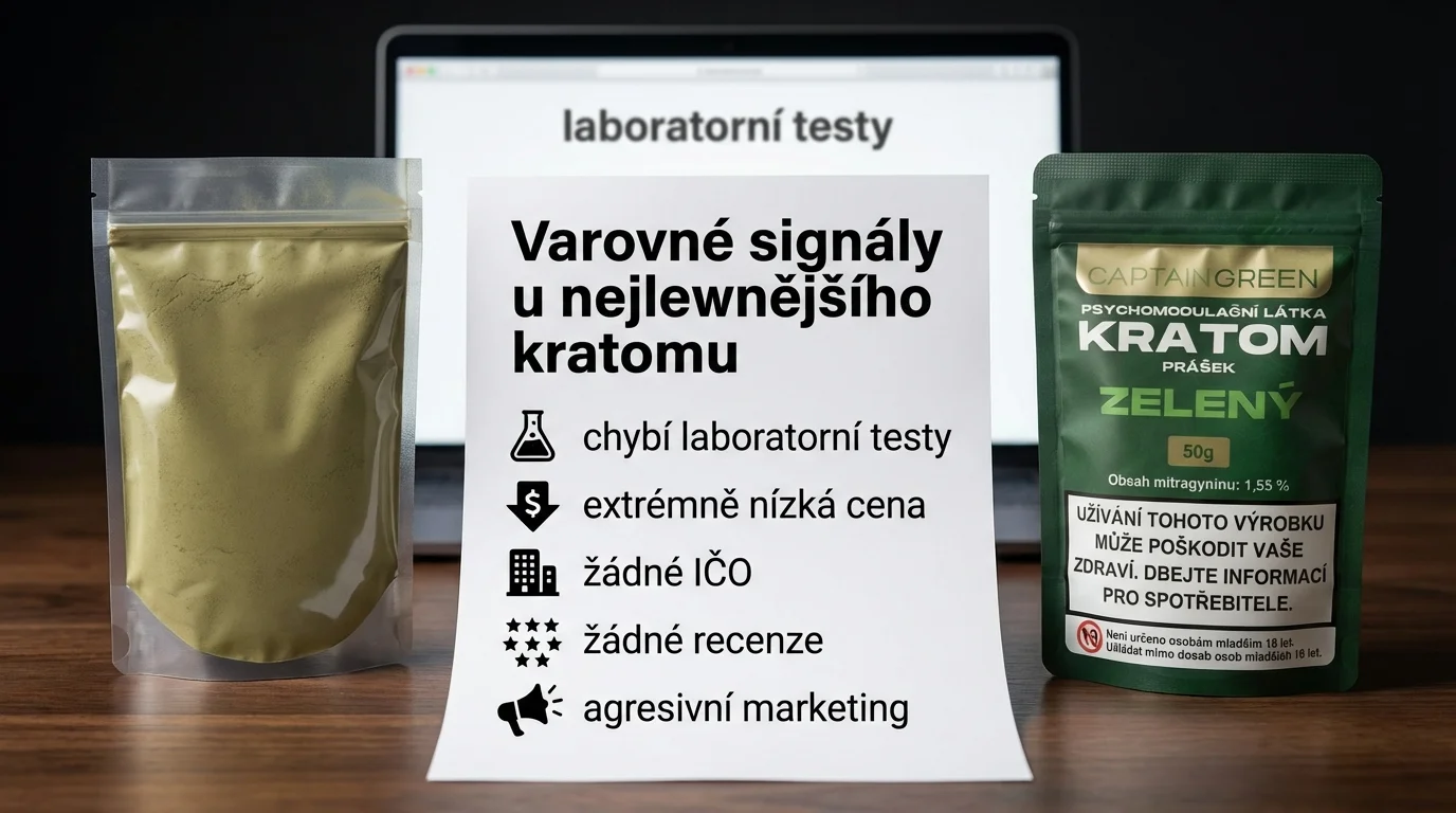 Infografika zobrazující varovné signály u nejlevnějšího kratomu, jako jsou chybějící testy a nejasný původ