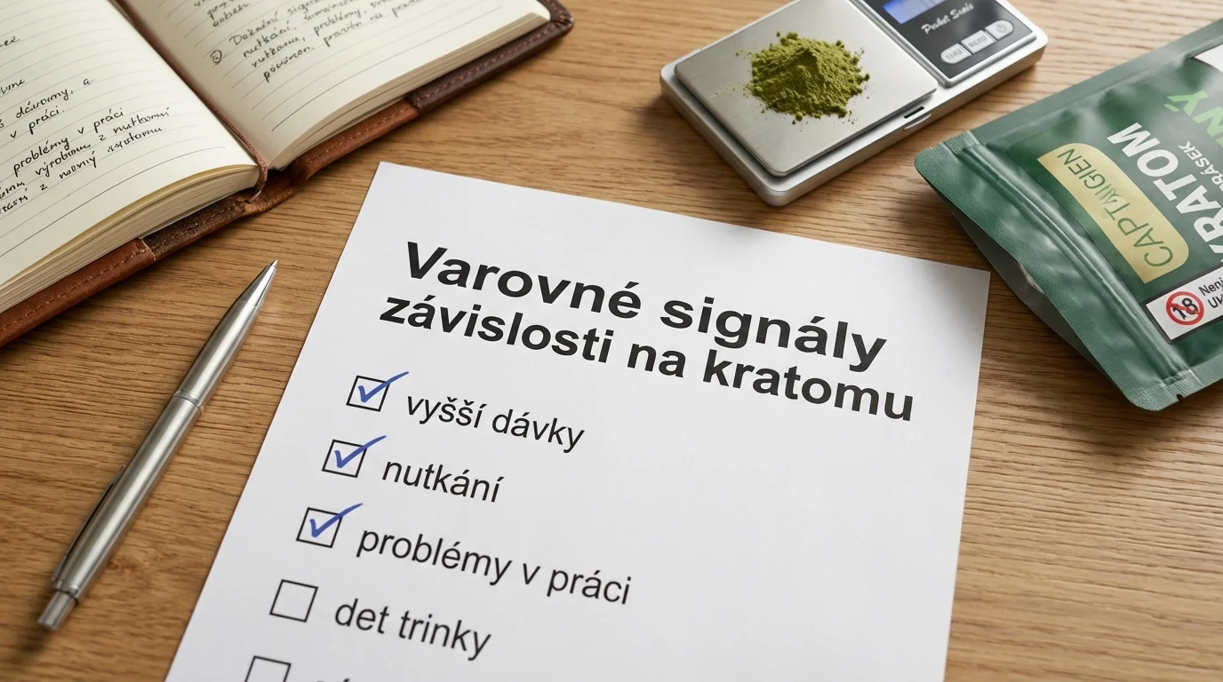 Varovné signály závislosti na kratomu – checklist na stole