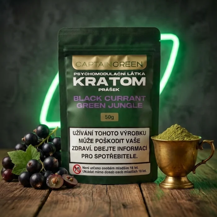 Zelený kratom prášek s příchutí black currant 50 g, licencovaný prodej Captain Green Zelený kratom prášek s příchutí black currant 50 g, licencovaný prodej Captain Green