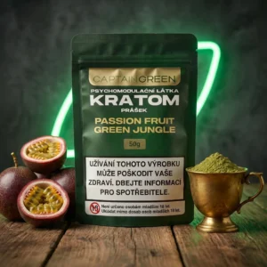 Zelený kratom prášek s příchutí passion fruit 50 g, licencovaný prodej Captain Green Zelený kratom prášek s příchutí passion fruit 50 g, licencovaný prodej Captain Green