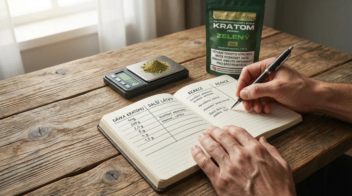 Zodpovědná práce s kratomem – deník a plánování bez řízení pod vlivem Otevřený deník s poznámkami o užívání kratomu, vedle kalendář a klíčky od auta, uživatel plánuje režim tak, aby neřídil pod vlivem