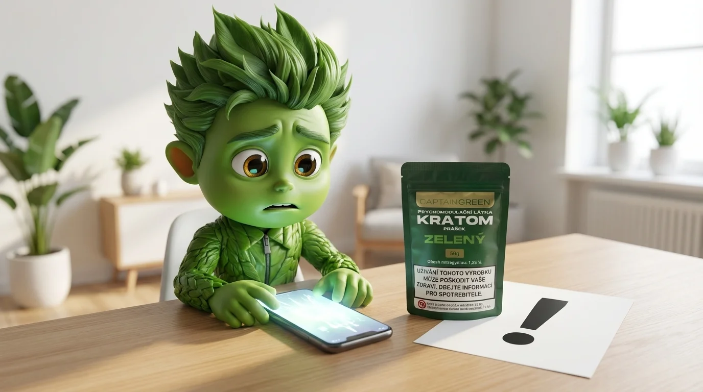 Figurka Captain Green sleduje zprávy o kratomu na mobilu