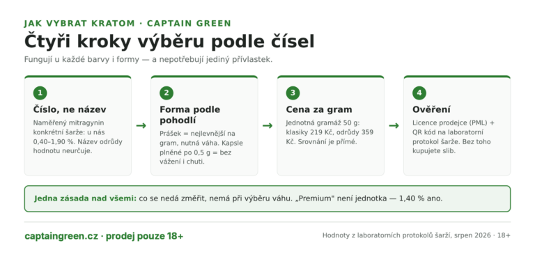 Infografika Jak vybrat kratom ve čtyřech krocích — naměřený mitragynin místo názvu, forma podle pohodlí, cena za gram při jednotné gramáži, ověření licence a protokolu šarže přes QR kód
