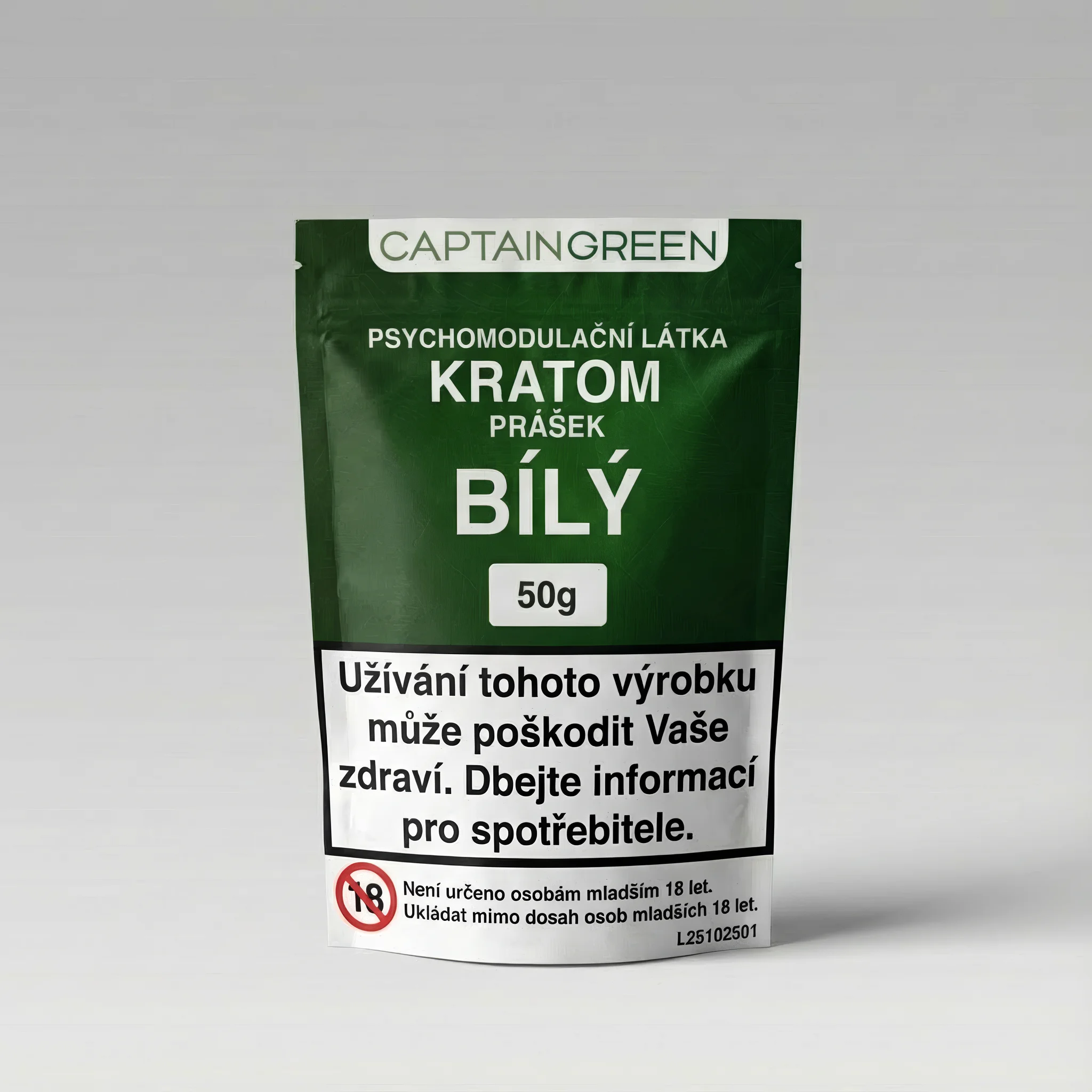 Bílý kratom Captain Green – psychomodulační látka 18+ Bílý kratom Captain Green v zeleném sáčku s povinným varováním