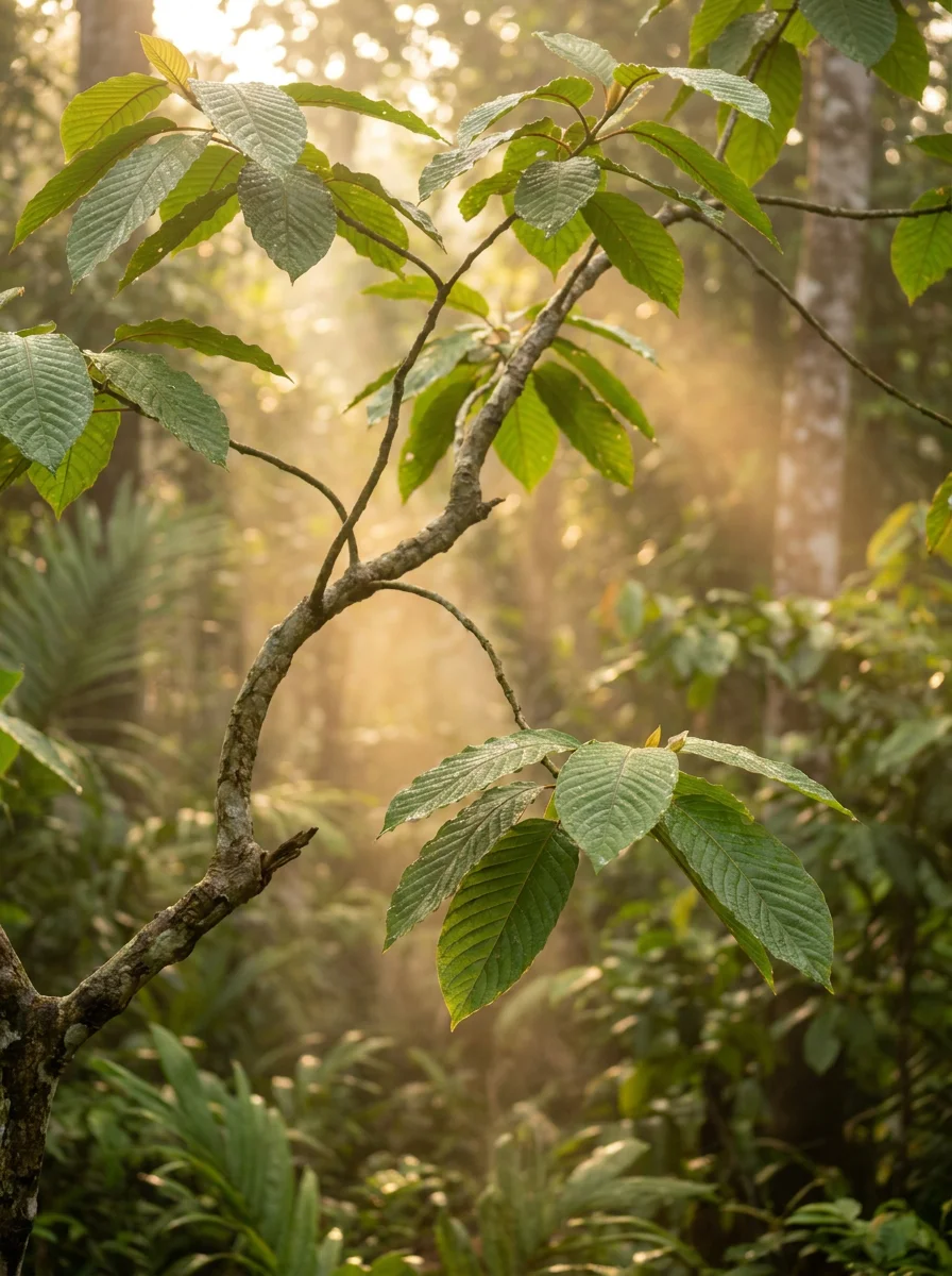 Kratomovník (Mitragyna speciosa) v indonéském pralese, zdroj surovin pro Captain Green kratom