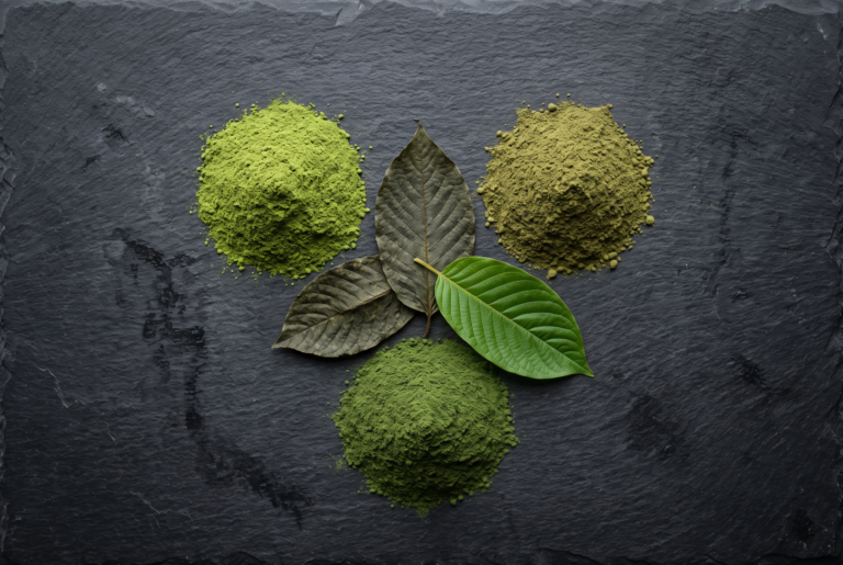 Tři hromádky kratom prášku odrůd Maeng Da, Bali a Borneo s listy Mitragyna speciosa — srovnání odrůd kratomu