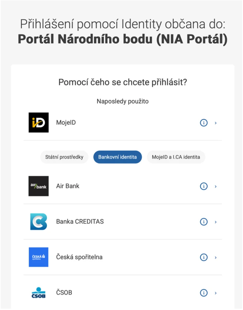 Přihlášení pomocí Identity občana – NIA Portál Přihlašovací obrazovka Portálu národního bodu NIA s výběrem poskytovatelů identity včetně bankovní identity