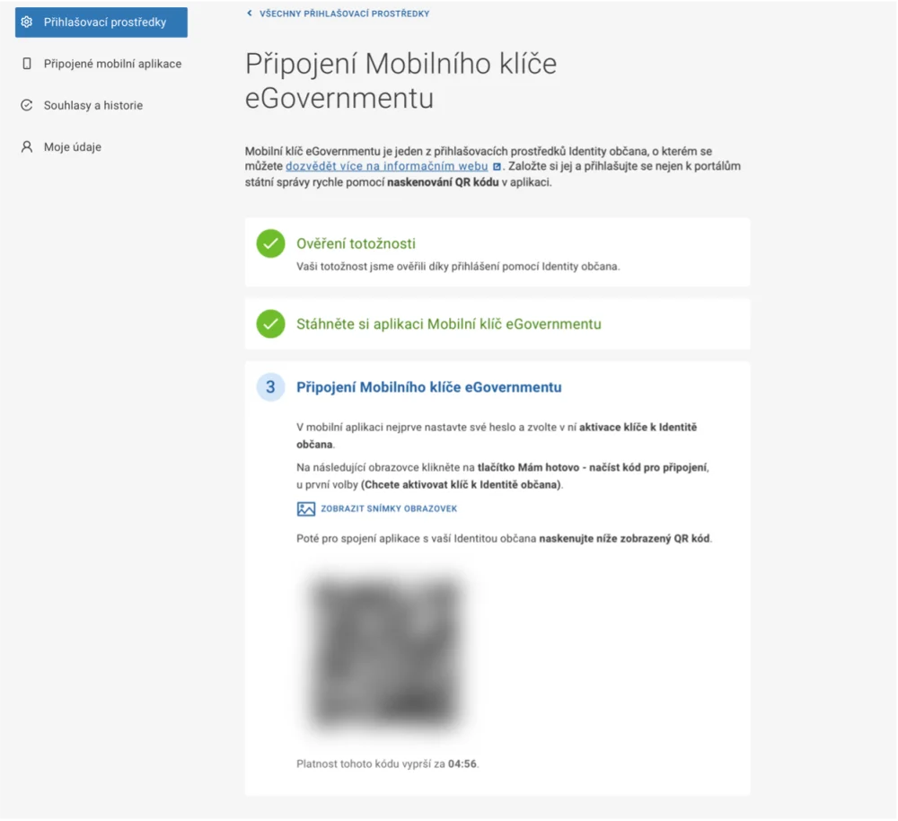 QR kód pro aktivaci Mobilního klíče eGovernmentu Obrazovka s QR kódem pro aktivaci Mobilního klíče eGovernmentu v Portálu Identity občana