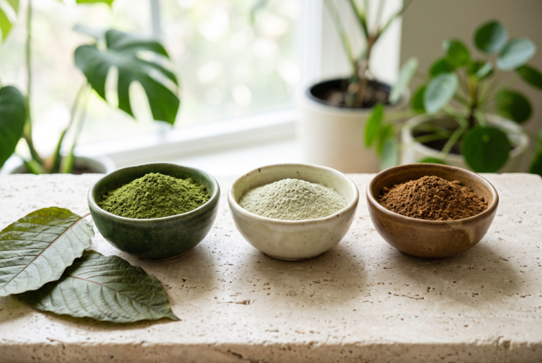 Zelený, bílý a červený kratom prášek vedle sebe v miskách s listy Mitragyna speciosa — srovnání barev kratomu
