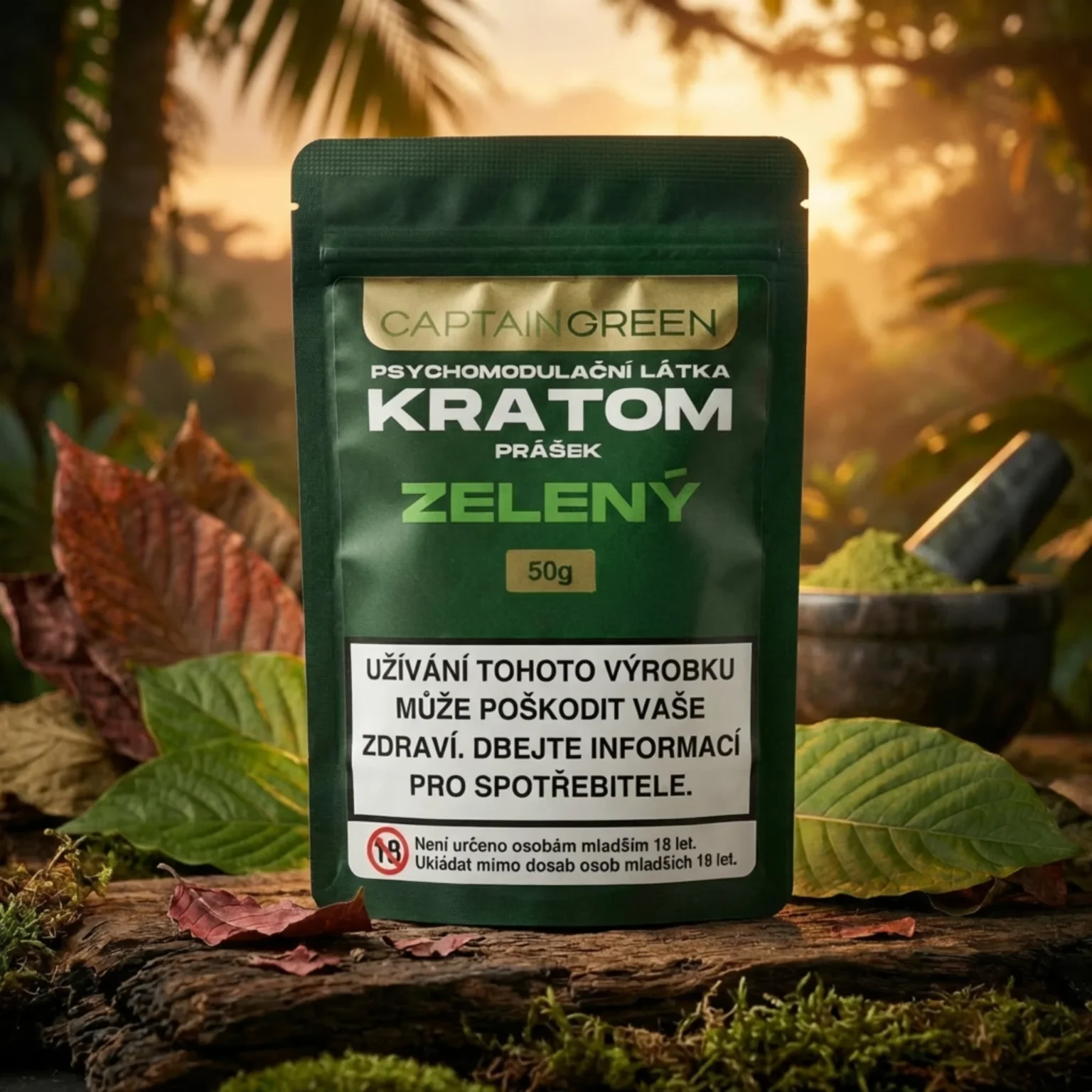 Zelený Kratom Prášek 50g Exclusive Captain Green, kratom Mitragyna speciosa z Jongkongu Kapuas Hulu Západní Kalimantan Indonésie
